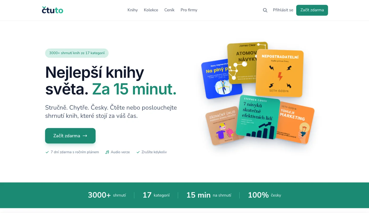 Úvodní stránka webu Čtuto se shrnutími knih