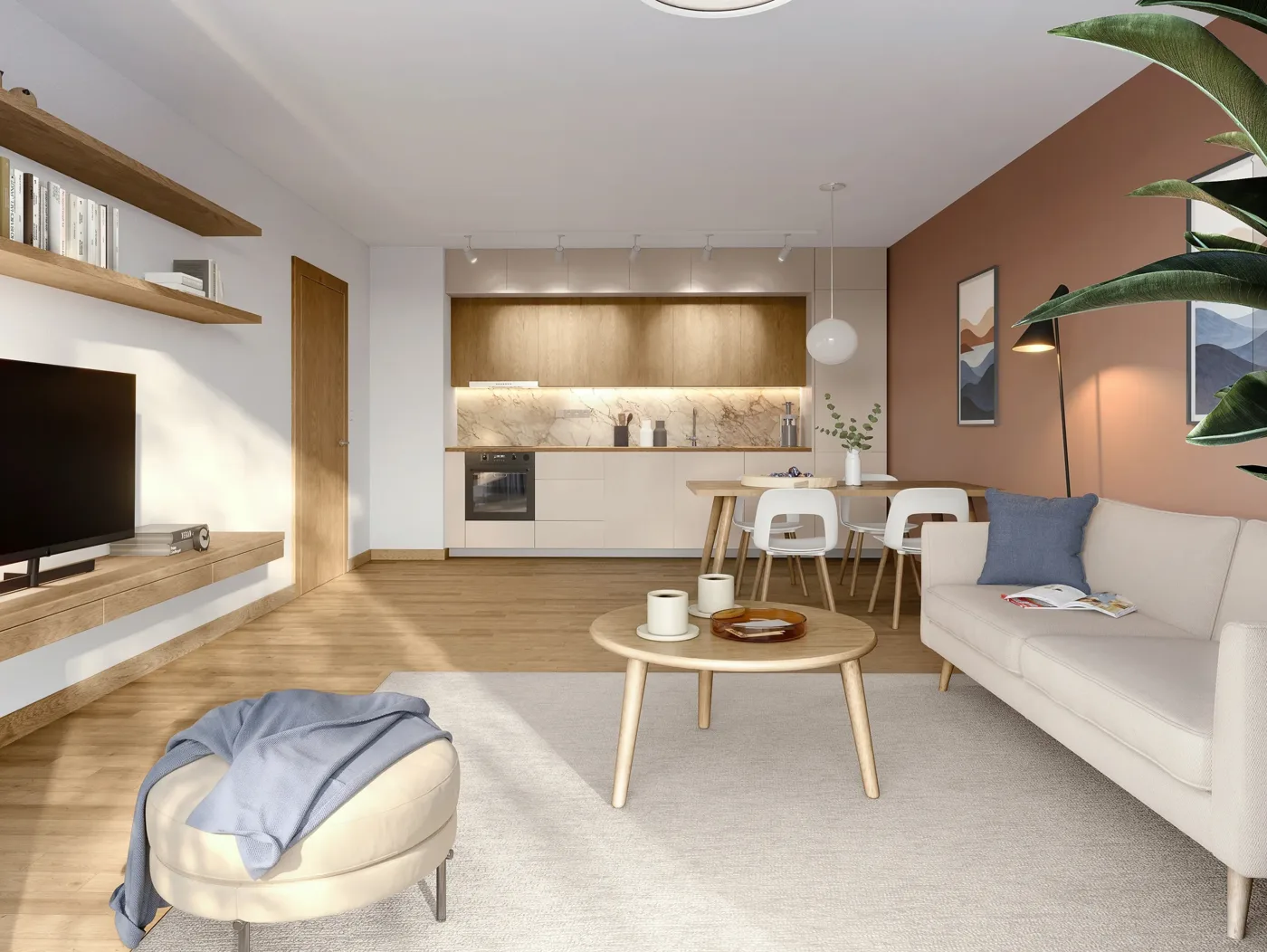 Rendering of an apartment living room